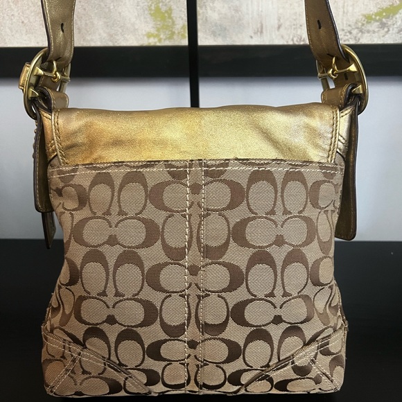 Coach Bleeker Signature Buckle Flap Gold Metallic and Brown Signature Bag - Picture 6 of 15